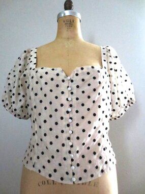 Madewell Ivory & Black Polka Dot Puffy Sleeves Sweetheart Neckline Top - NWOT